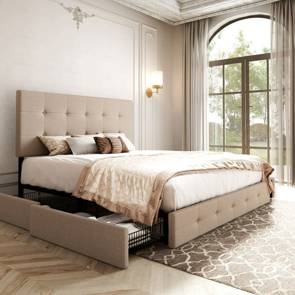 Allewie Upholstered Queen Size Platform Bed Frame with 4 Storage Drawers and Headboard, Square Stitched Button Tufted, Beige