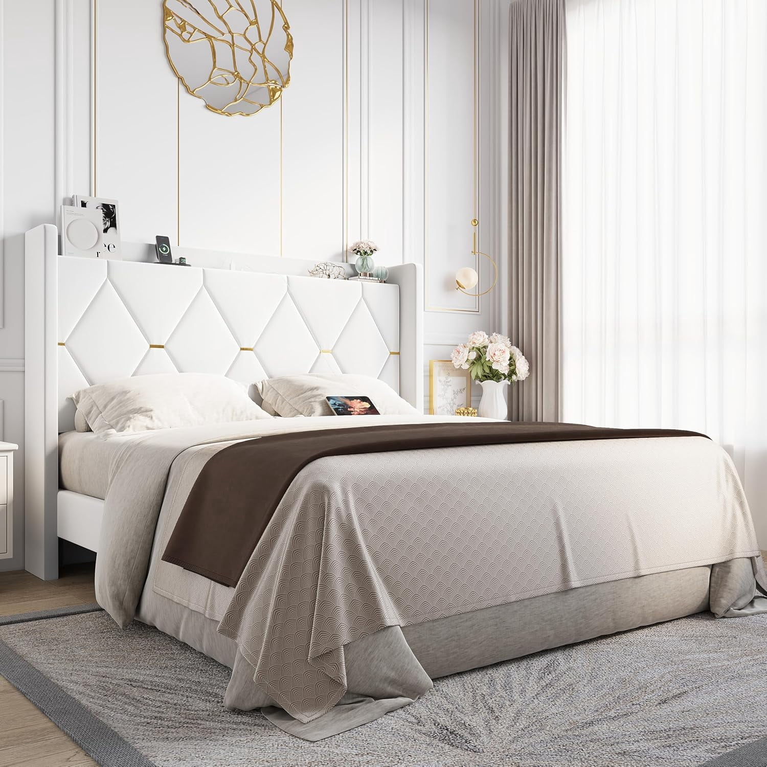Allewie Velvet Full Upholstered Bed Frame with Wingback Storage Headboard & Charging Station, Platform Bed with Diamond Tufted Design & Gold Trim, No Box Spring Needed, Easy Assembly, White