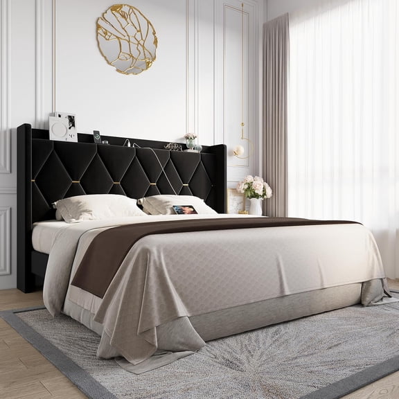 Allewie Velvet King Upholstered Bed Frame with Wingback Storage Headboard & Charging Station, Platform Bed with Diamond Tufted Design & Gold Trim, No Box Spring Needed, Easy Assembly, Black