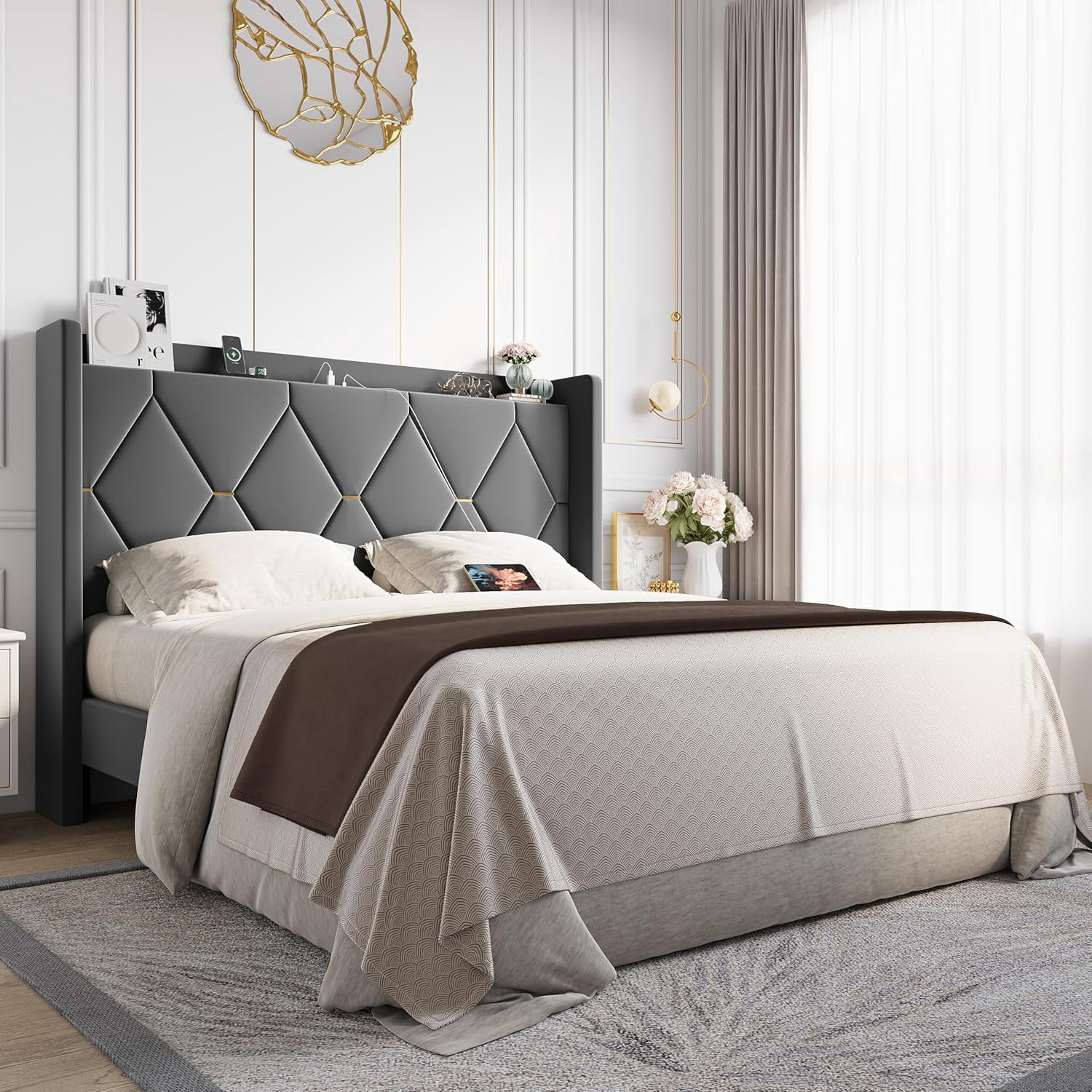 Allewie Velvet Queen Size Upholstered Bed Frame with Wingback Storage Headboard & Charging Station, Platform Bed with Diamond Tufted Design & Gold Trim, No Box Spring Needed, Easy Assembly, Grey