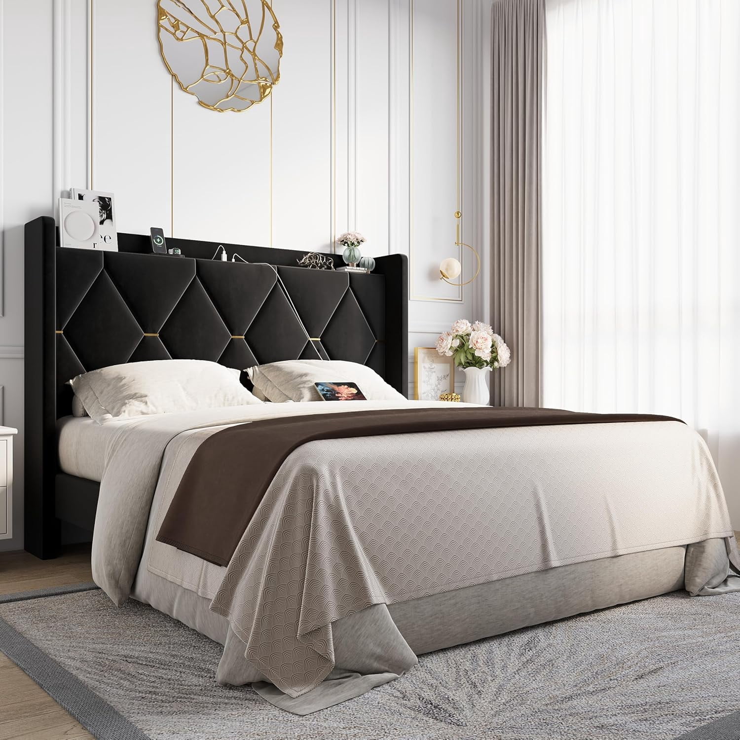 Allewie Velvet Queen Upholstered Bed Frame with Wingback Storage Headboard & Charging Station, Platform Bed with Diamond Tufted Design & Gold Trim, No Box Spring Needed, Easy Assembly, Black