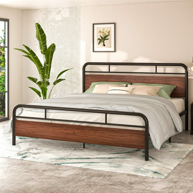 Allewie Walnut King Size Bed Frame with Wooden Headboard, Vintage Metal