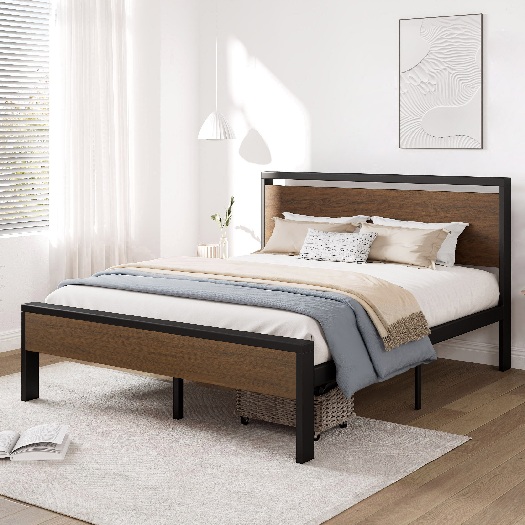 Hodedah Complete Metal Bed with Headboard, High Footboard, Slats and