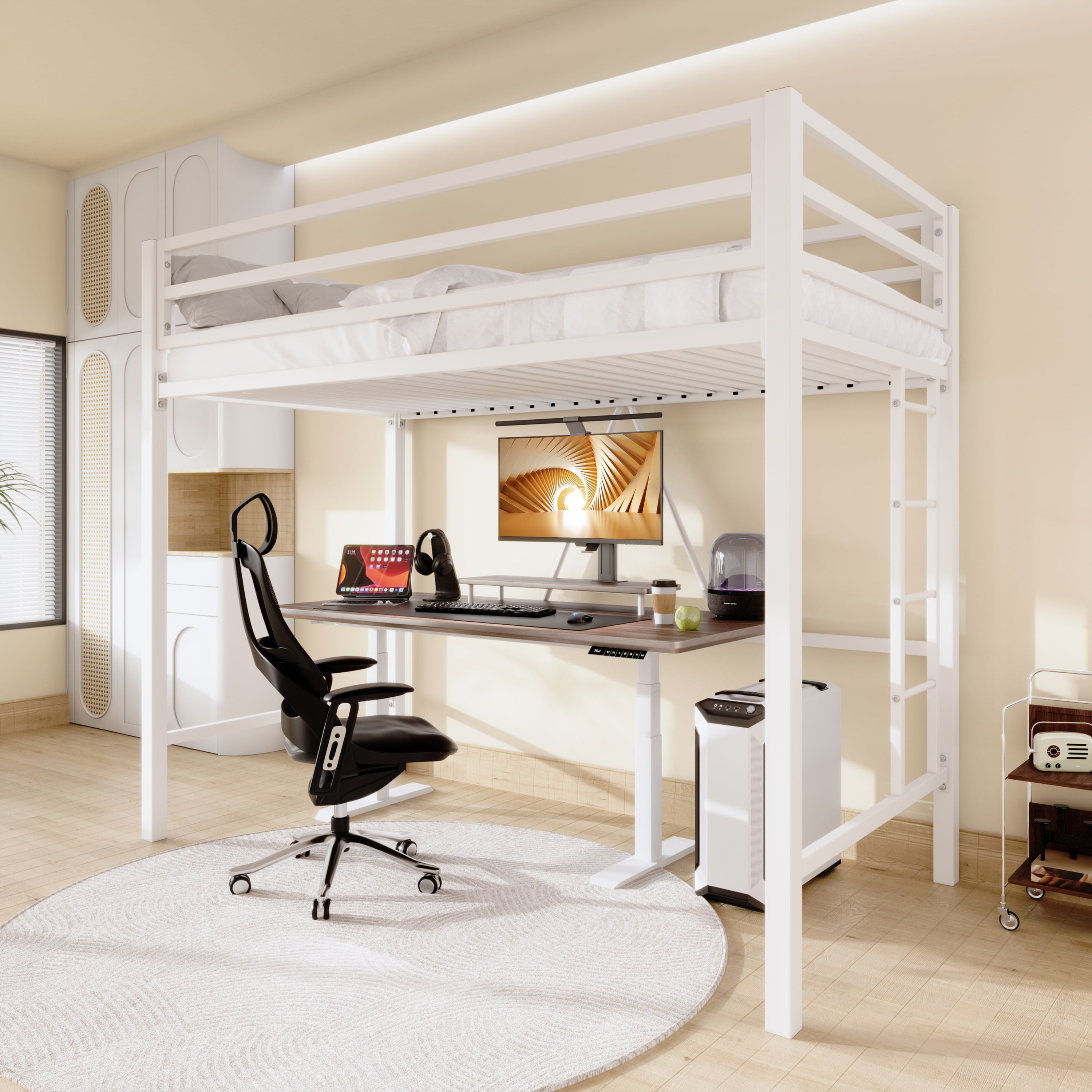 Allewie Simple High Loft Bed for Adults Twin Size Heavy Duty Metal White Full Length Guardrail Removable Stairs Walmart