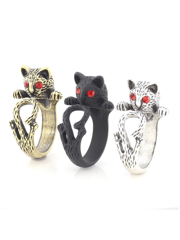 Alley Cat Adjustable Animal Wrap Ring for Women Red Eyes Birthday Holiday Halloween