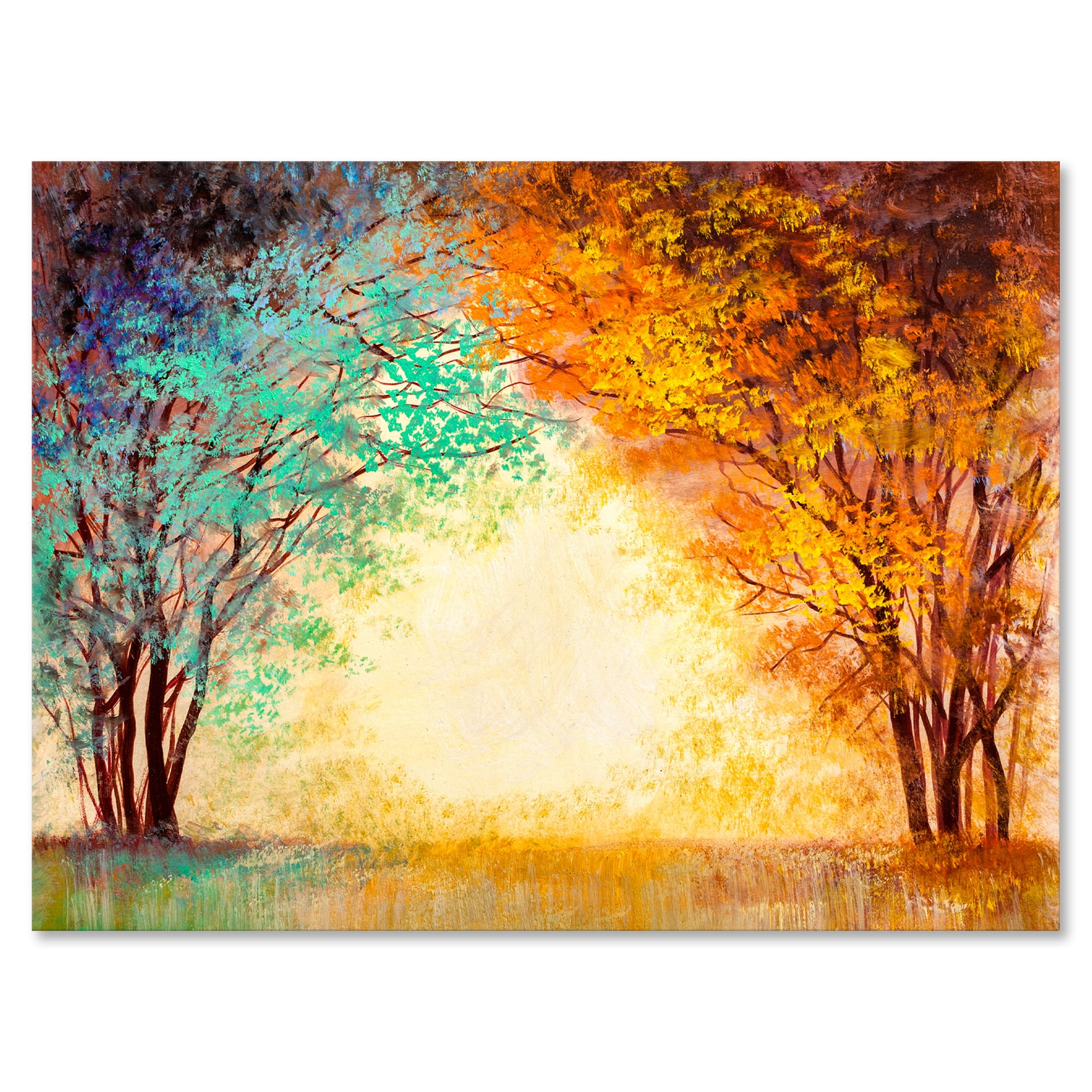 Alley Through The Turquoise Park In Autumn Sunset 12 in x 8 in Painting Canvas Art Print, by Designart