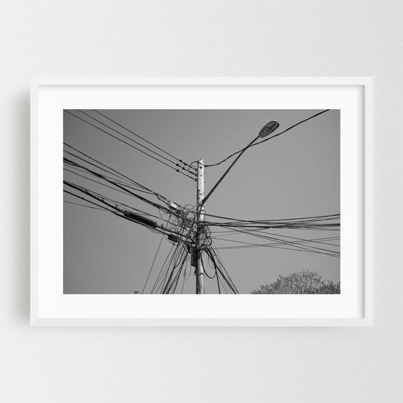 Alleyway Wires, 01 - Queens New York Photography Black and White Street Photography Abstract Architecture Minimalist Line Art White Framed Wall Art Print 5 x 7 inches