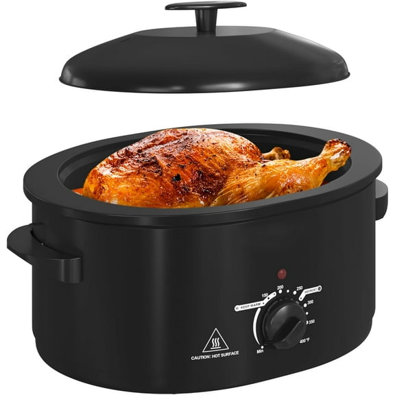 Allgain8 QT Electric Roaster Oven with Self-Basting Lid, Turkey Roaster Oven with Defrost Warm Function, Removable Pan and Rack, Stainless Steel White