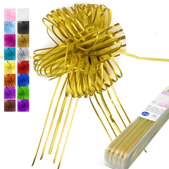 Allgala 10-PC 7 Inch Extra Large 2 Ich (5CM) Width Organza Ribbon Pull Flower Bow for Gift Wrapping Baskets Wedding Dcor - Gold-GP90503