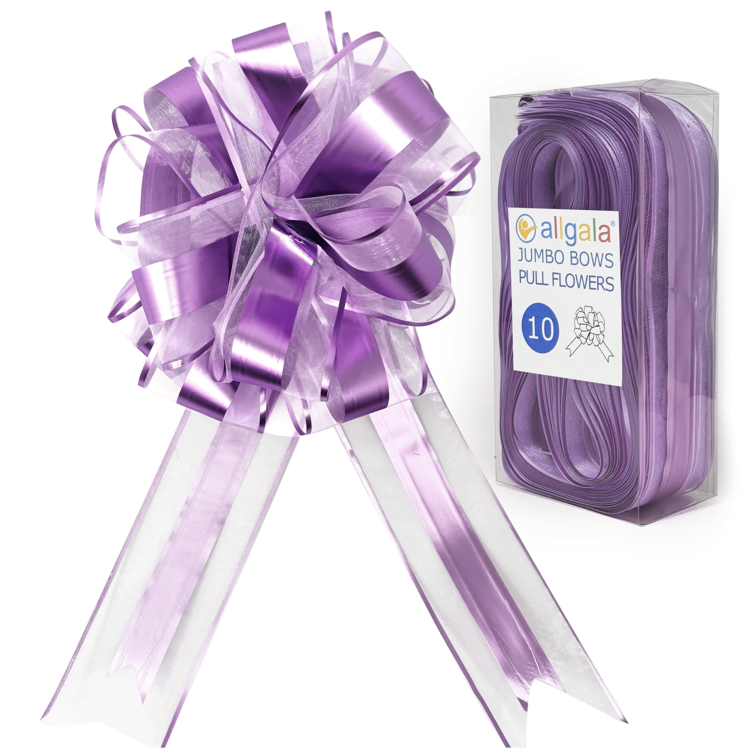 Allgala 10-PC 8 Inch Jumbo 2.5 Inch (6.4CM) Width Organza Ribbon Pull Flower Bow for Gift Wrapping Baskets Wedding Décor - Lavender-GP90565