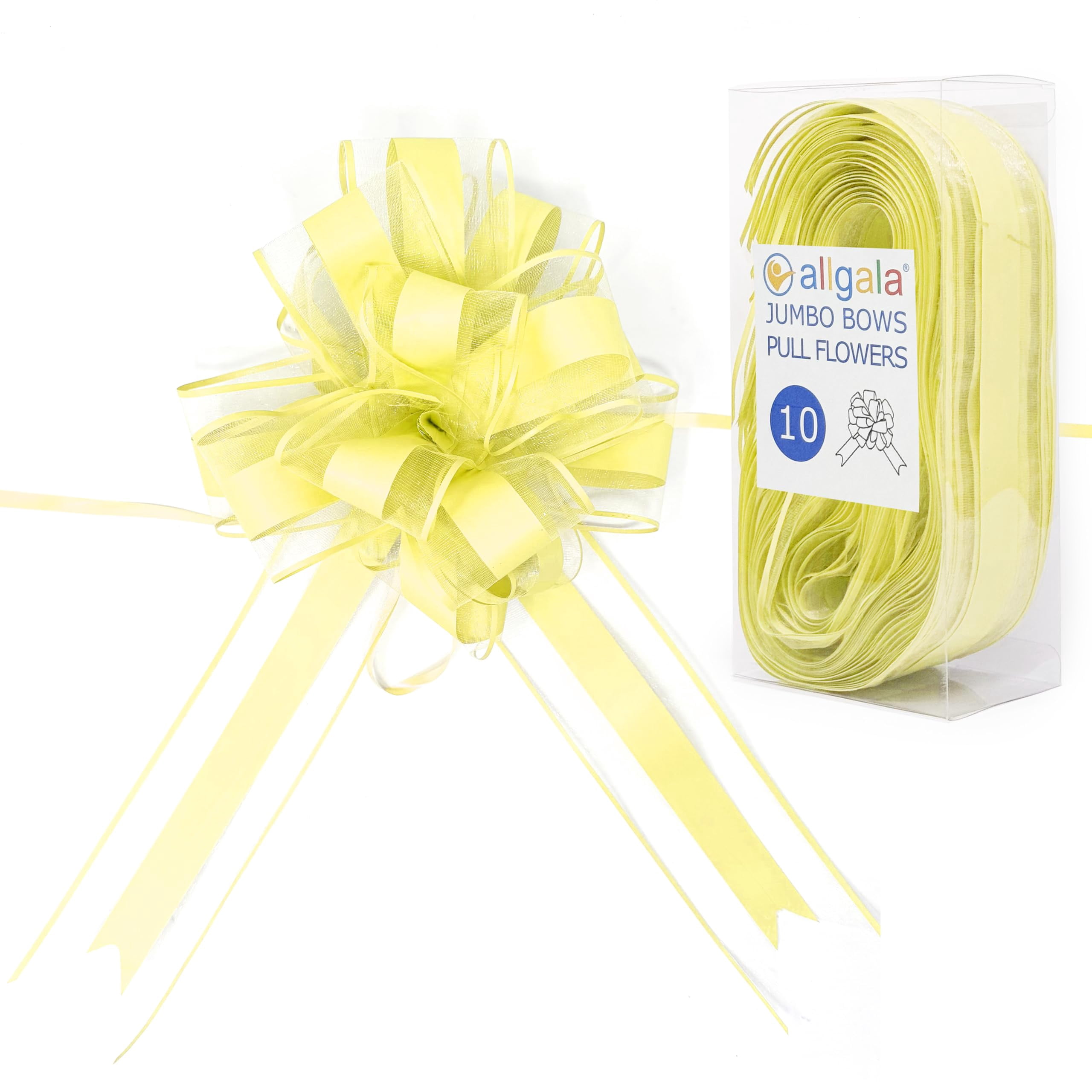 Allgala 10-PC 8 Inch Jumbo 2.5 Inch (6.4CM) Width Organza Ribbon Pull Flower Bow for Gift Wrapping Baskets Wedding Décor - Yellow-GP90563