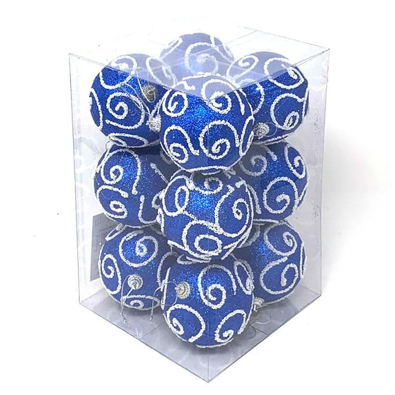 Allgala 12 Pack 3 Inch Christmas Tree Ornament Balls-Glitter Decorated Foam Large Xmas Ball-Blue