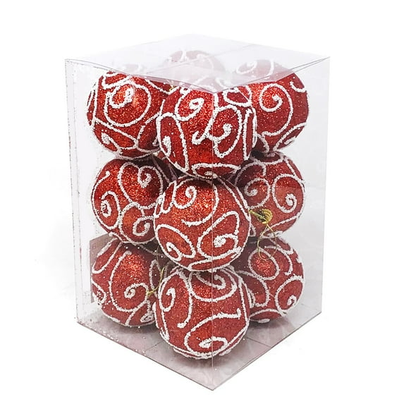 Allgala 12 Pack 3 Inch Christmas Tree Ornament Balls-Glitter Decorated Foam Large Xmas Ball-Red