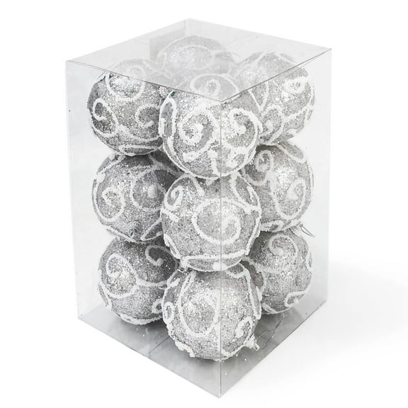Allgala 12 Pack 3 Inch Christmas Tree Ornament Balls-Glitter Decorated Foam Large Xmas Ball-Silver