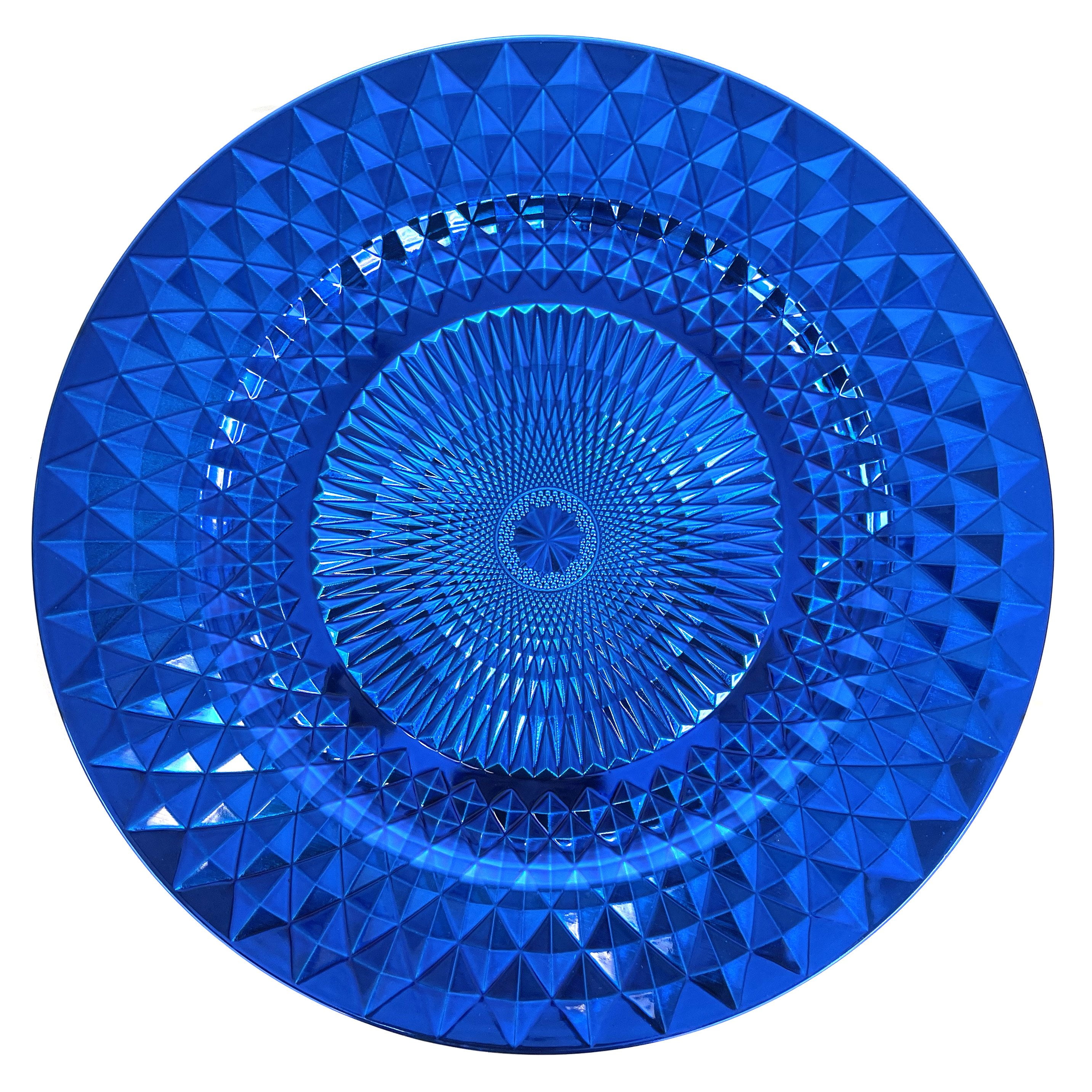 Royal Blue Glossy Diamond Pattern Glass Charger Plates, Set of 6