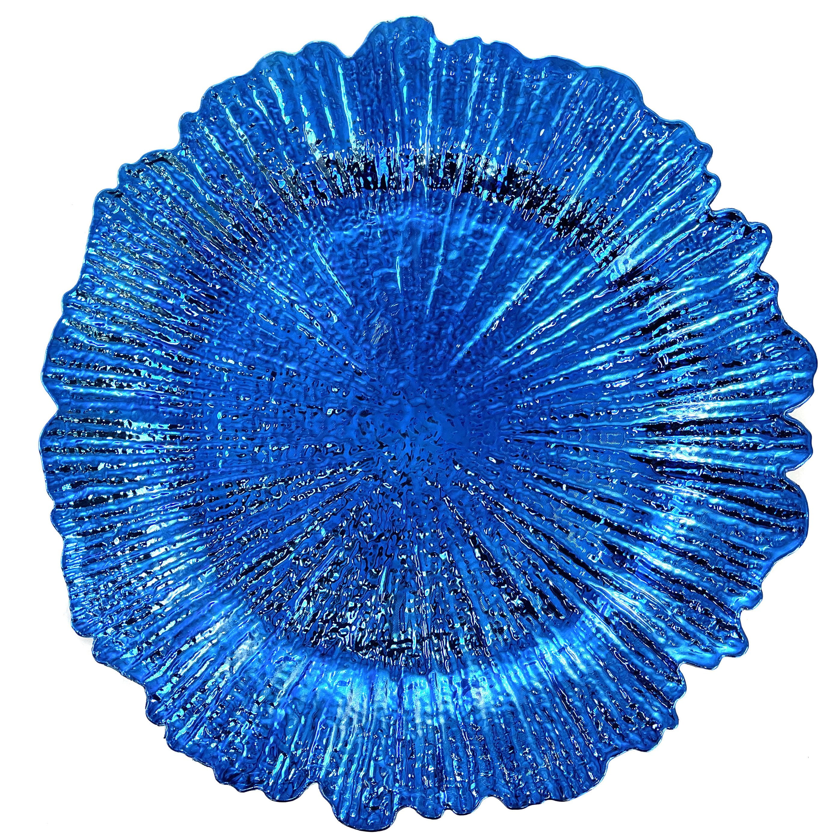 Royal Blue Glass Round Charger Plates with Gold Finish, 13-Inch, Set of 6