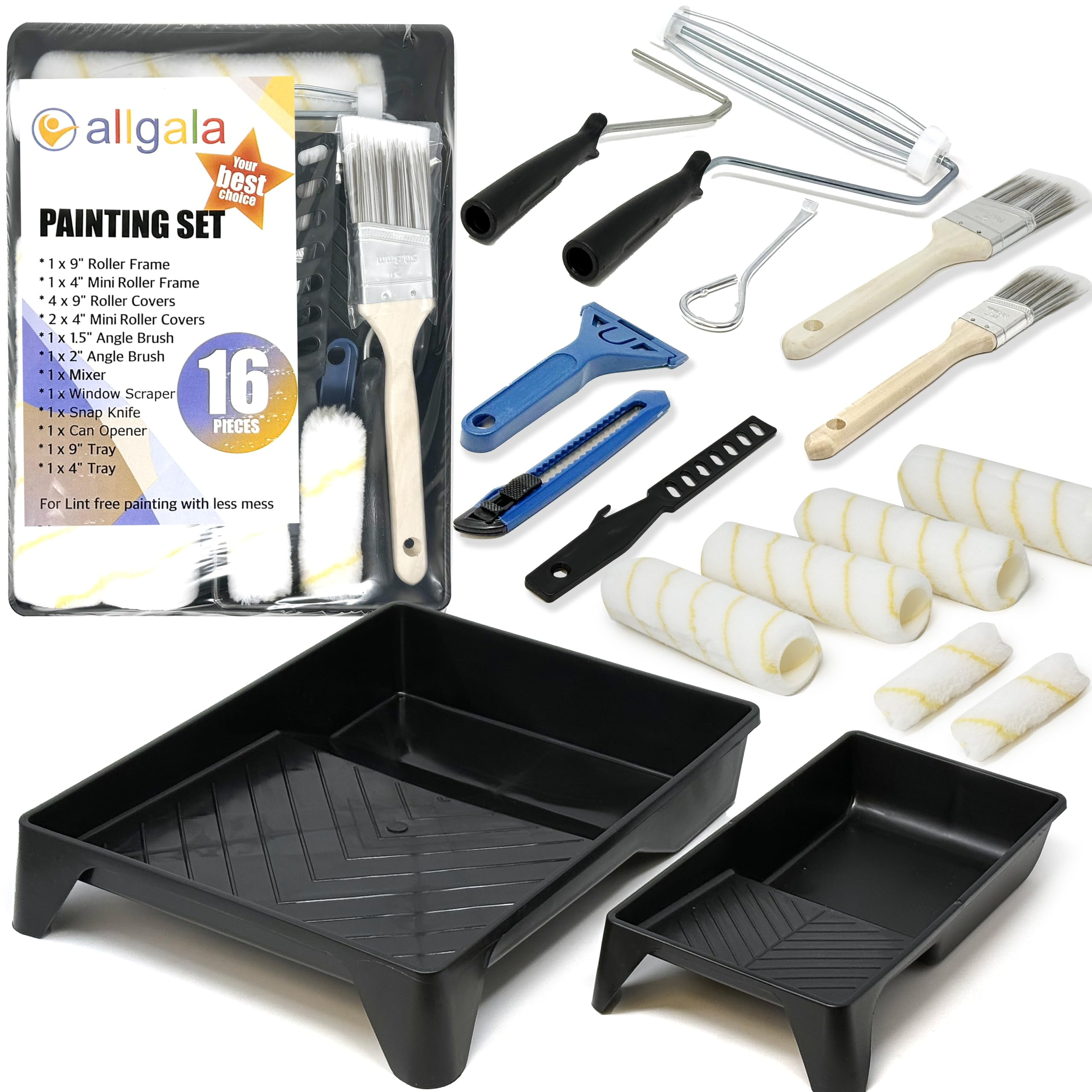 Allgala 16 Piece Ultra Versatile DIY Paint Tool Kit with 9 Inch and 4 ...