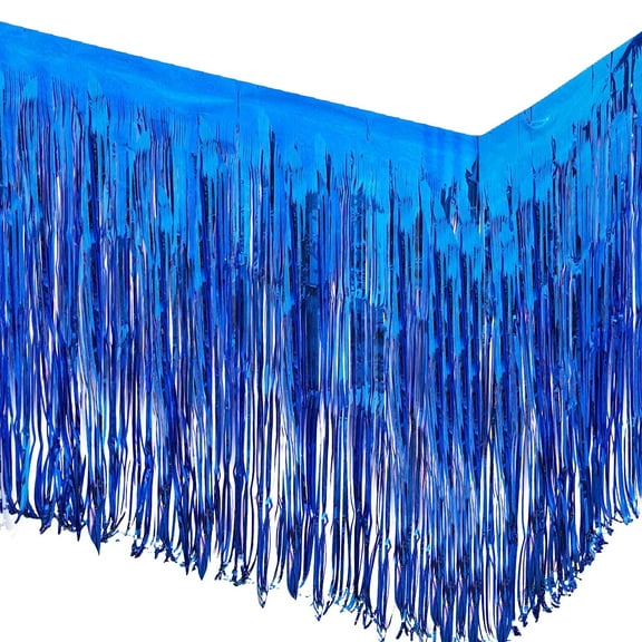 Allgala 2-Pack 29x108 Inch Metallic Foil Fringe Tinsel Table Skirts for Party Event Decoraton-Blue-BD52806