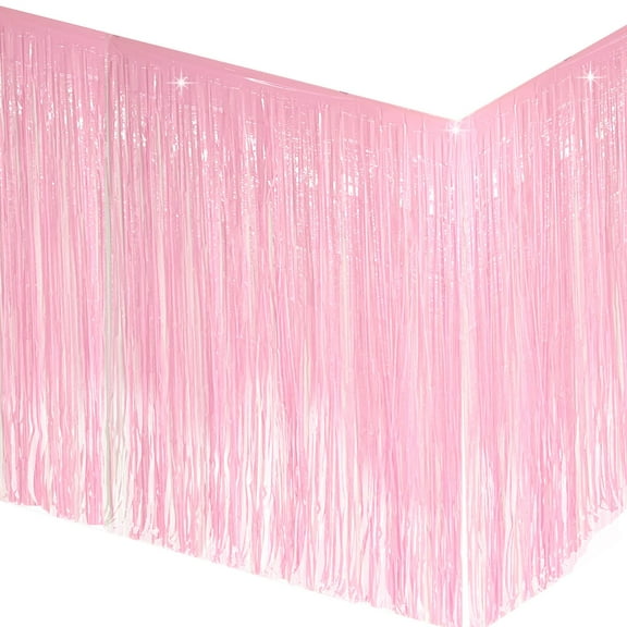 Allgala 2-Pack 29x108 Inch Metallic Foil Fringe Tinsel Table Skirts for Party Event Decoraton-Macaron Pink-BD52859