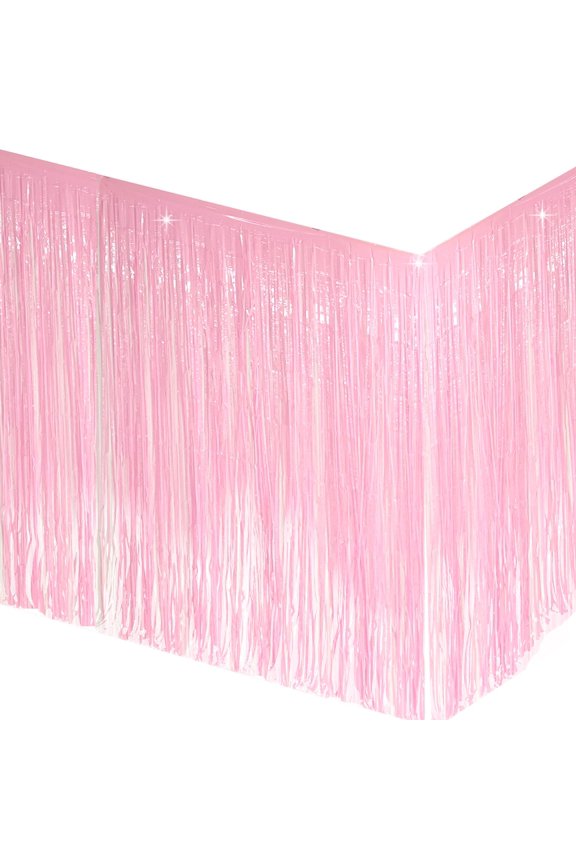 2-Pack 29x108 Inch Metallic Foil Fringe Tinsel Table Skirts for Party Event Decoraton-Macaron Pink-BD52859