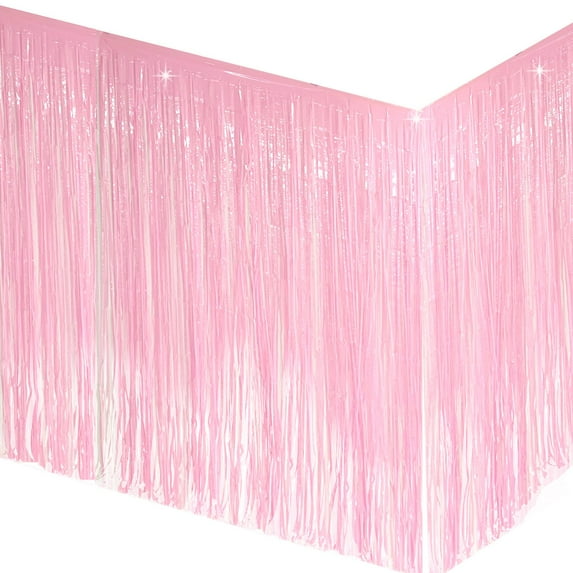 Allgala 2-Pack 29x108 Inch Metallic Foil Fringe Tinsel Table Skirts for Party Event Decoraton-Macaron Pink-BD52859