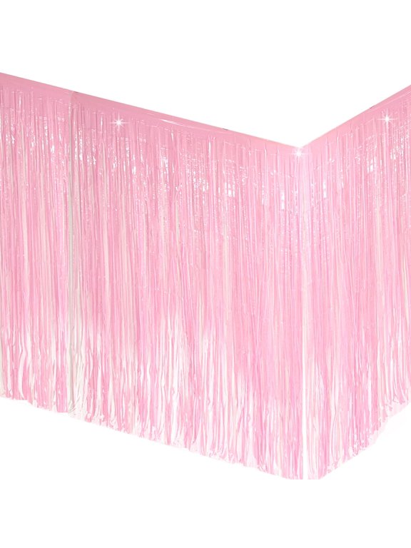 2-Pack 29x108 Inch Metallic Foil Fringe Tinsel Table Skirts for Party Event Decoraton-Macaron Pink-BD52859