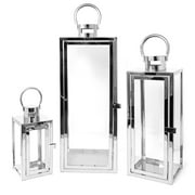 Allgala 3-PC Set Jumbo Luxury Modern Indoor/Outdoor Hurricane Candle Lantern Set With Chrome Plated Structure and Tempered Glass-Cuboid Silver-HD88012