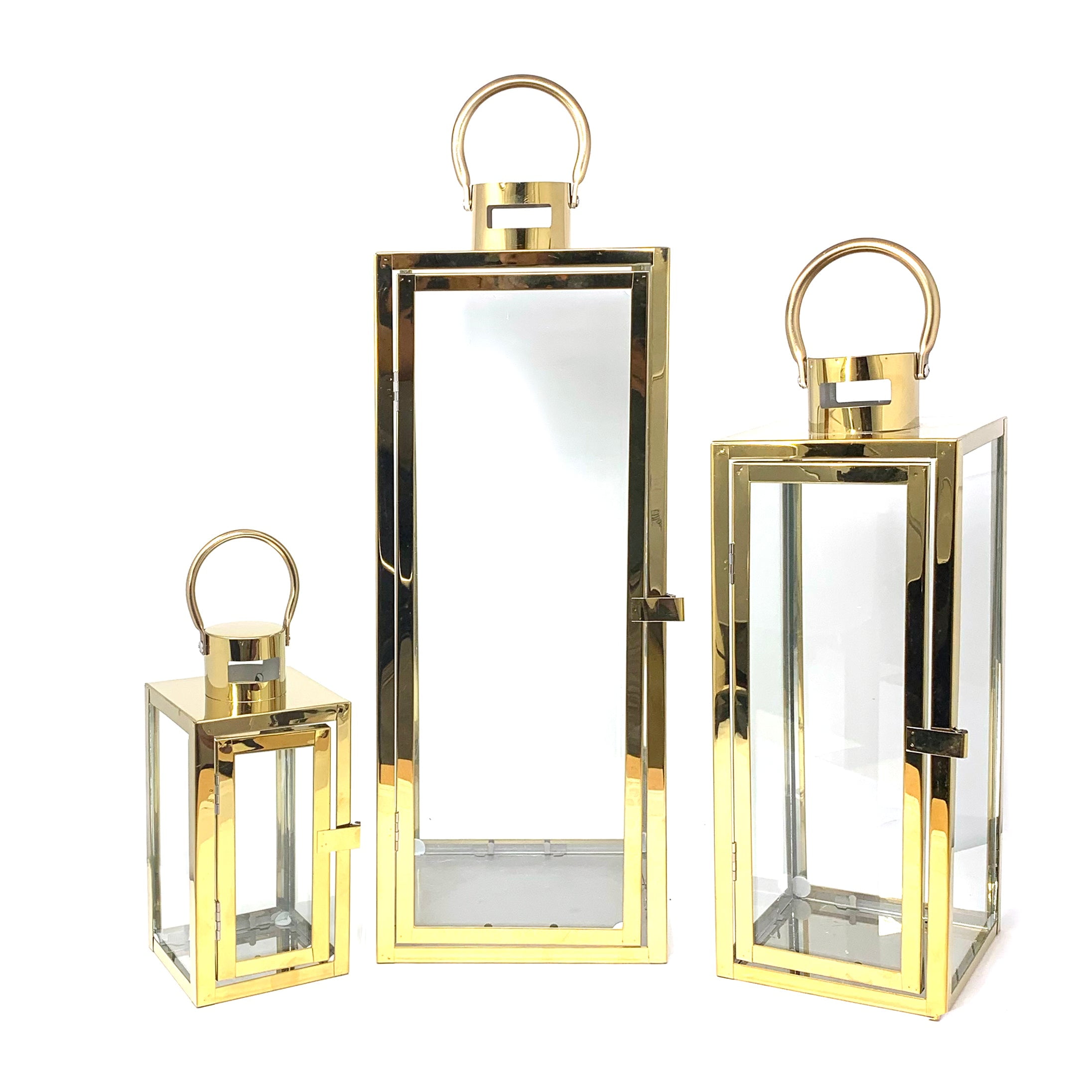Gold Stainless Steel and Glass Hurricane Candle Lantern Set