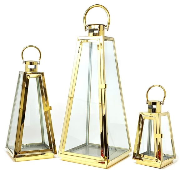 Allgala 3-PC Set Jumbo Luxury Modern Indoor/Outdoor Hurricane Candle Lantern Set With Chrome Plated Structure and Tempered Glass-Taper Gold-HD88021