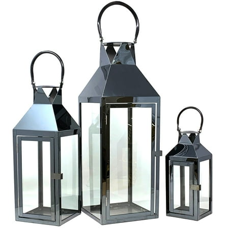 Allgala 3-PC Set Jumbo Luxury Modern Indoor/Outdoor Hurricane Candle Lantern Set With Chrome Plated Structure and Tempered Glass-Pyramid Top Black-HD88033
