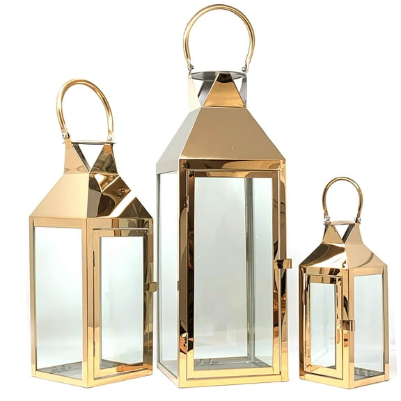 Allgala 3-PC Set Jumbo Luxury Modern Indoor/Outdoor Hurricane Candle Lantern Set With Chrome Plated Structure and Tempered Glass-Pyramid Top Rose Gold-HD88034