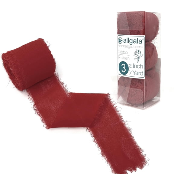 Allgala 3 Roll 2" x7yd Burgundy Color Handmade Rustic Fringe Frayed Chiffon Ribbon for Bridal Wedding Gift Packing, Flower Bouquet Arrangement Wrapping DIY Craft
