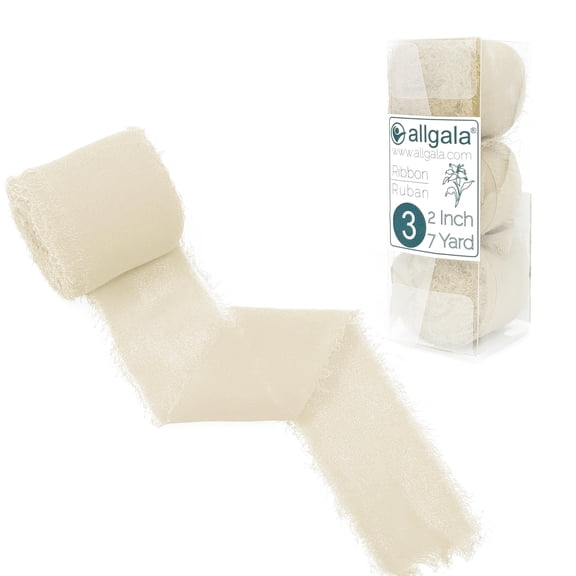 Allgala 3 Roll 2" x7yd Cream Color Handmade Rustic Fringe Frayed Chiffon Ribbon for Bridal Wedding Gift Packing, Flower Bouquet Arrangement Wrapping DIY Craft