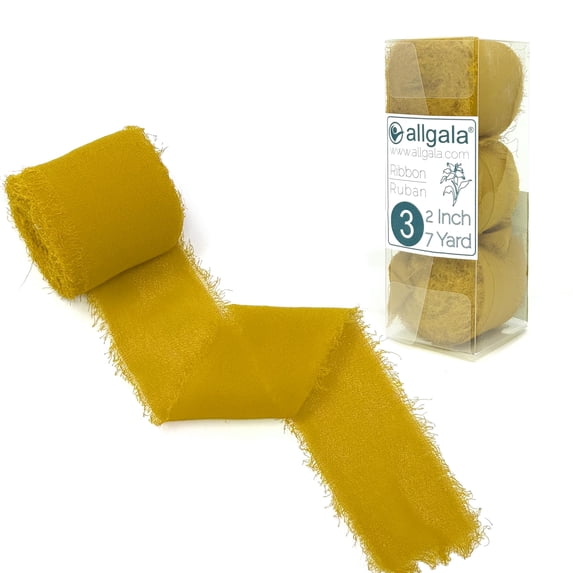 Allgala 3 Roll 2" x7yd Gold Color Handmade Rustic Fringe Frayed Chiffon Ribbon for Bridal Wedding Gift Packing, Flower Bouquet Arrangement Wrapping DIY Craft