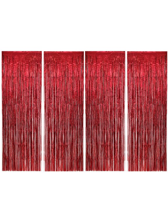 4PK 3.3 x 9.8 FT (1x3M) Metalic Tinsel Party Photo Backdrop Curtains Door Fringe Décor-Red-BD52605