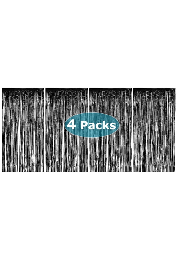 4PK 3.3x6.6 FT (1x2M) Metalic Tinsel Party Photo Backdrop Curtains Door Fringe Décor-Black-BD52302