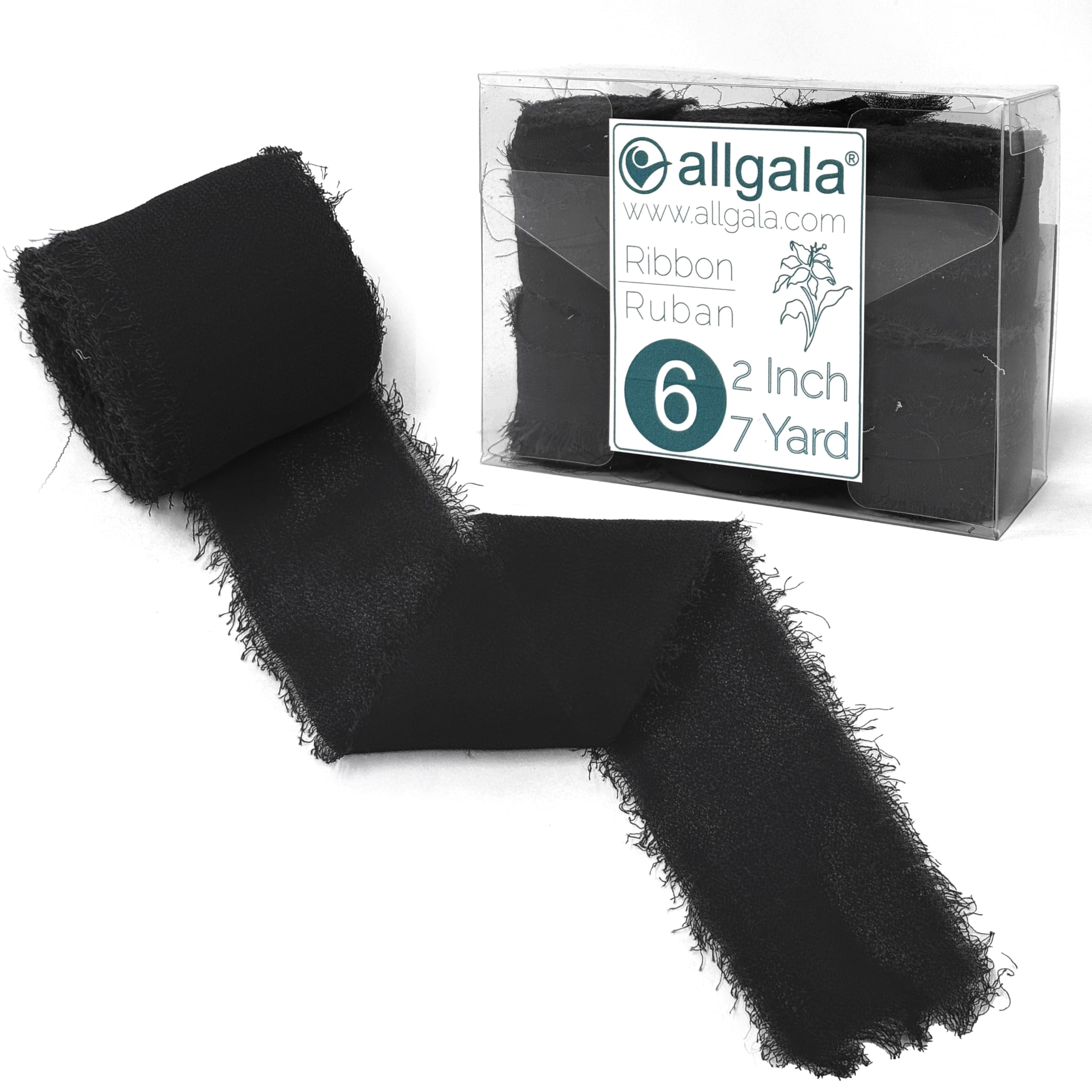 Allgala 6 Roll 2" x7yd Black Color Handmade Rustic Fringe Frayed Chiffon Ribbon for Bridal Wedding Gift Packing, Flower Bouquet Arrangement Wrapping DIY Craft