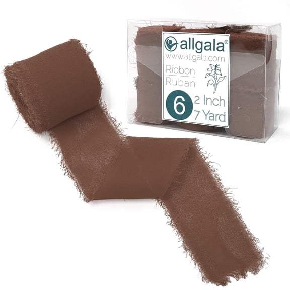 Allgala 6 Roll 2" x7yd Brown Color Handmade Rustic Fringe Frayed Chiffon Ribbon for Bridal Wedding Gift Packing, Flower Bouquet Arrangement Wrapping DIY Craft