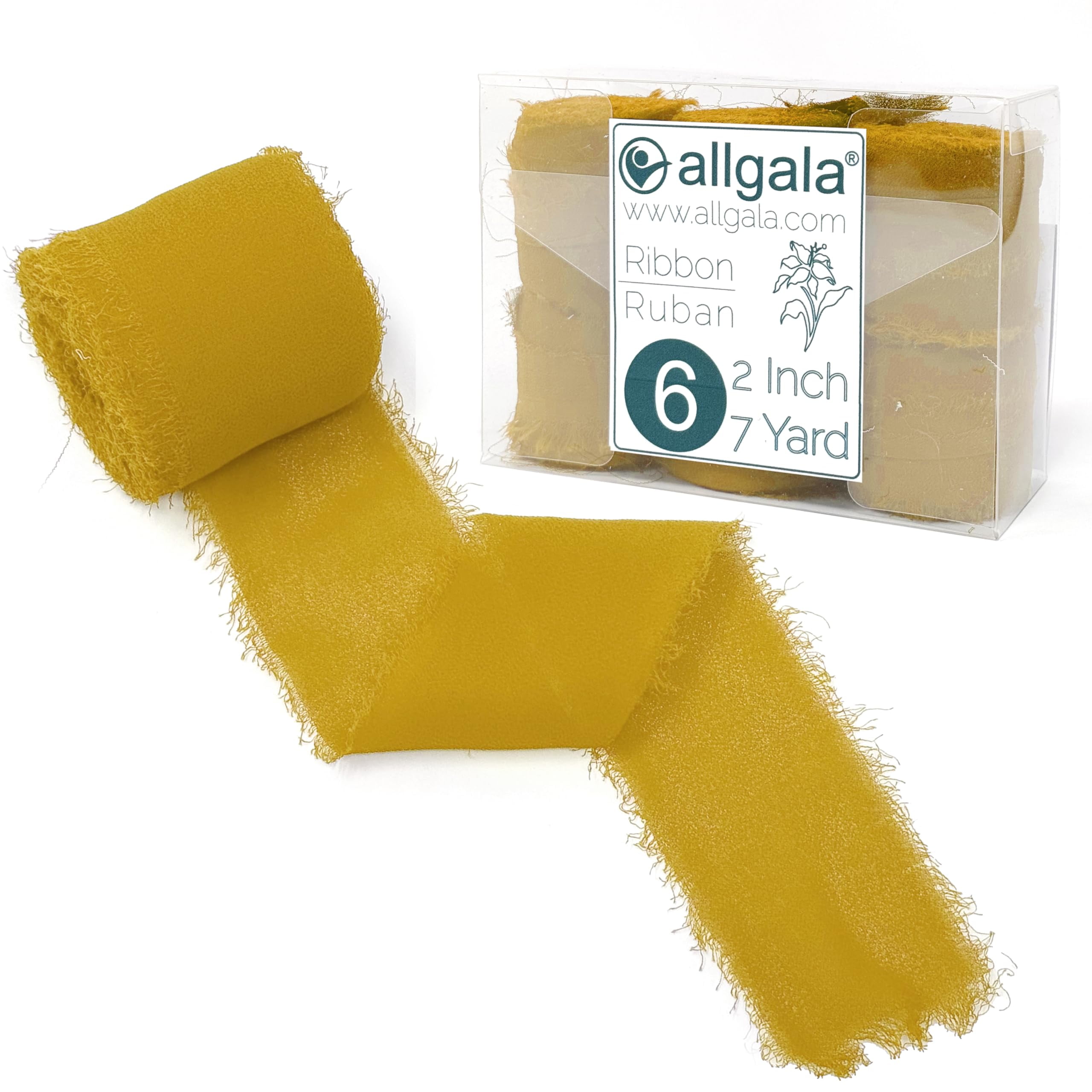 Allgala 6 Roll 2" x7yd Gold Color Handmade Rustic Fringe Frayed Chiffon Ribbon for Bridal Wedding Gift Packing, Flower Bouquet Arrangement Wrapping DIY Craft