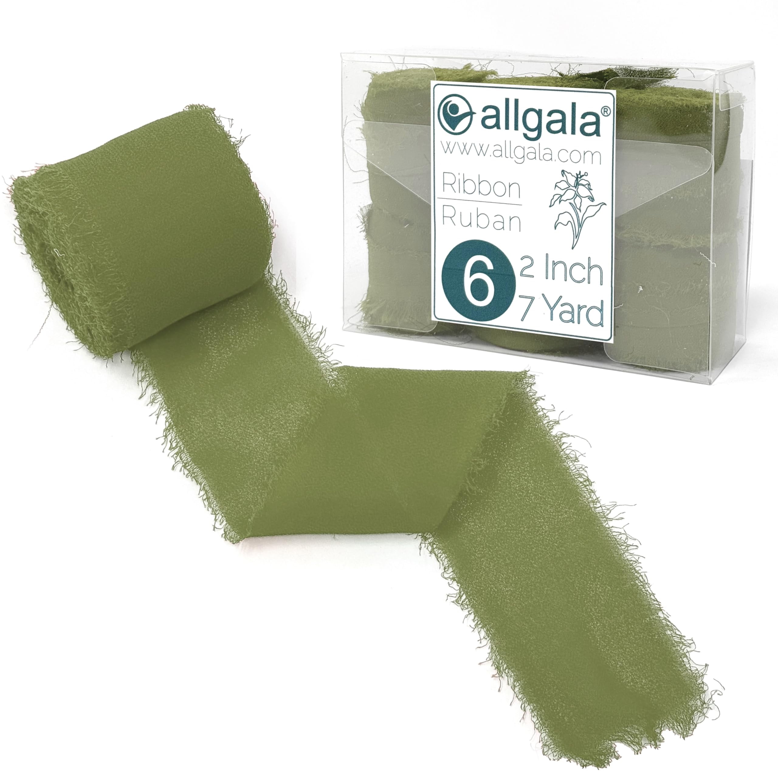 Allgala 6 Roll 2" x7yd Green Color Handmade Rustic Fringe Frayed Chiffon Ribbon for Bridal Wedding Gift Packing, Flower Bouquet Arrangement Wrapping DIY Craft