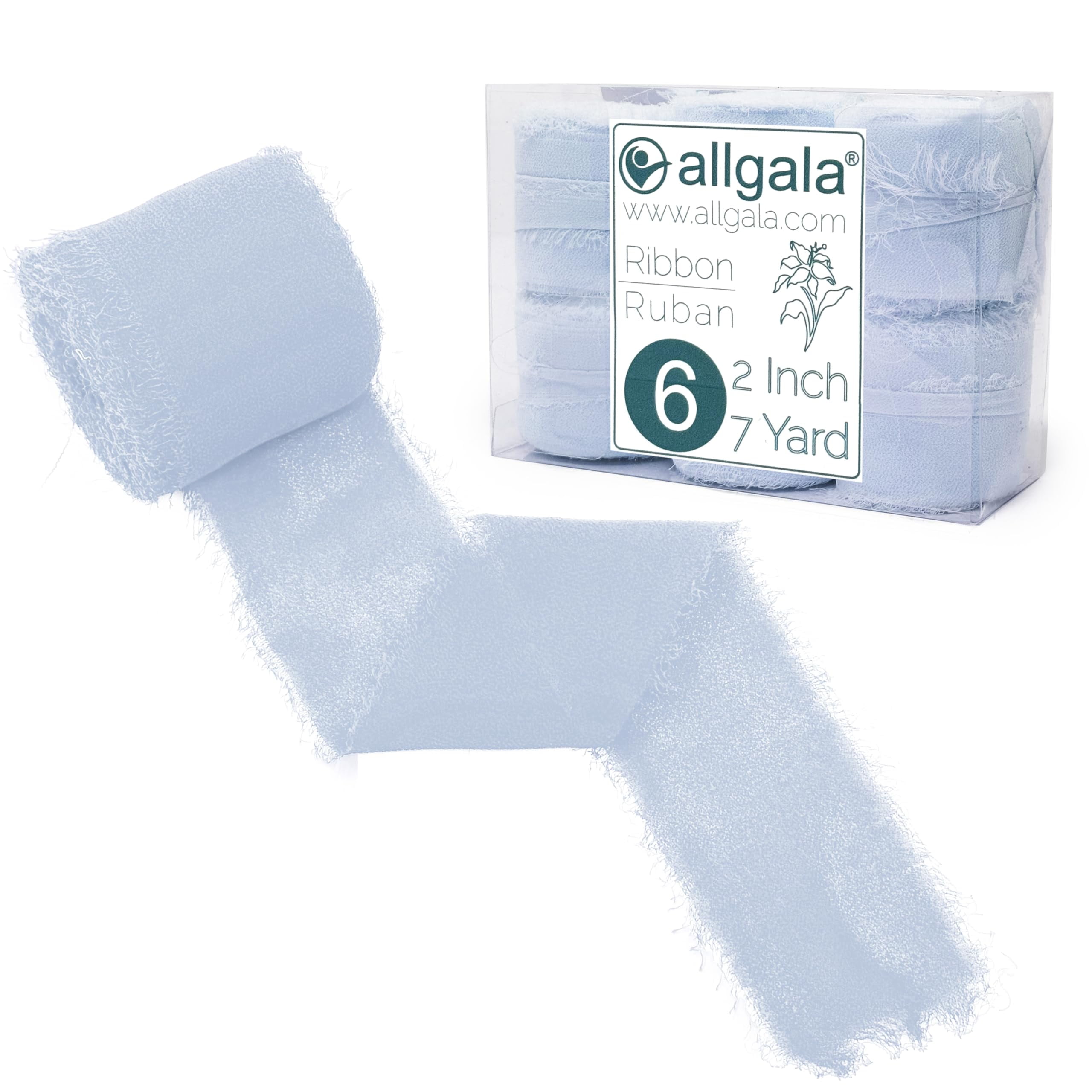 Allgala 6 Roll 2" x7yd Light Blue Color Handmade Rustic Fringe Frayed Chiffon Ribbon for Bridal Wedding Gift Packing, Flower Bouquet Arrangement Wrapping DIY Craft