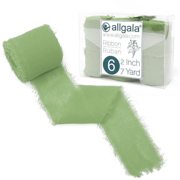 Allgala 6 Roll 2" x7yd Sage Green Color Handmade Rustic Fringe Frayed Chiffon Ribbon for Bridal Wedding Gift Packing, Flower Bouquet Arrangement Wrapping DIY Craft