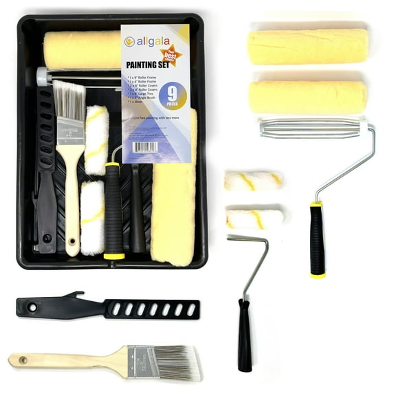 Allgala 9-Piece Lint Free Paint Roller Kit with Roller Frames Covers Brush Mixer and Large Tray - TH10301