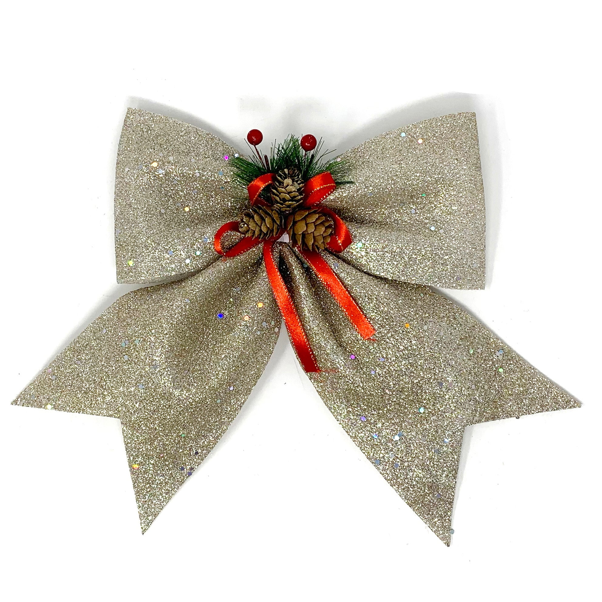 Champagne Glitter Foam Holiday Tree Topper Bow with Pinecones
