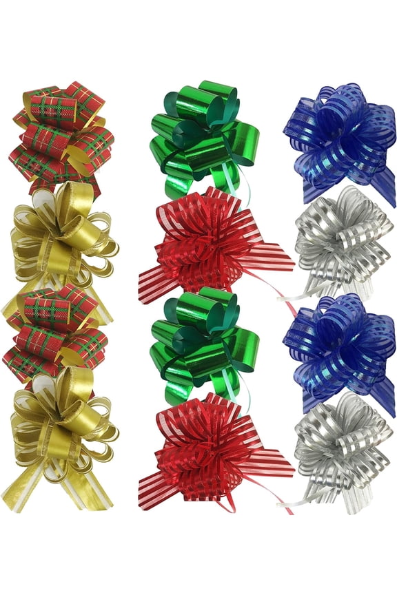 Christmas Pull Bows Flowers 12-pc 6 Inch Large Christmas Ribbon Pull Bows-GP90033