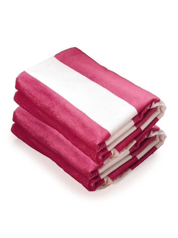 Oversize 40x70 Inch (1x1.8M) Cabana Stripe Design Microfiber Beach Towel-Fuchsia (Pack of 2)-BT81241