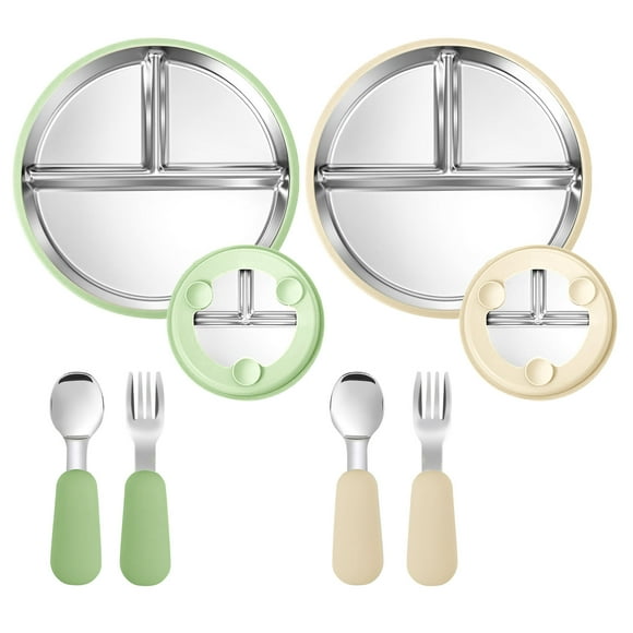 Allhall 2 Pcs Stainless Steel Baby Suction Plates, 2  Set Spoons and Forks , Toddler Utensils Baby Feeding Set, Divided Plates for Baby Led Weaning Supplies
