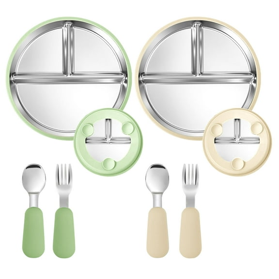 Allhall 2 Pcs Stainless Steel Baby Suction Plates, 2 Set Spoons and Forks , Toddler Utensils Baby Feeding Set, Divided Plates for Baby Led Weaning Supplies