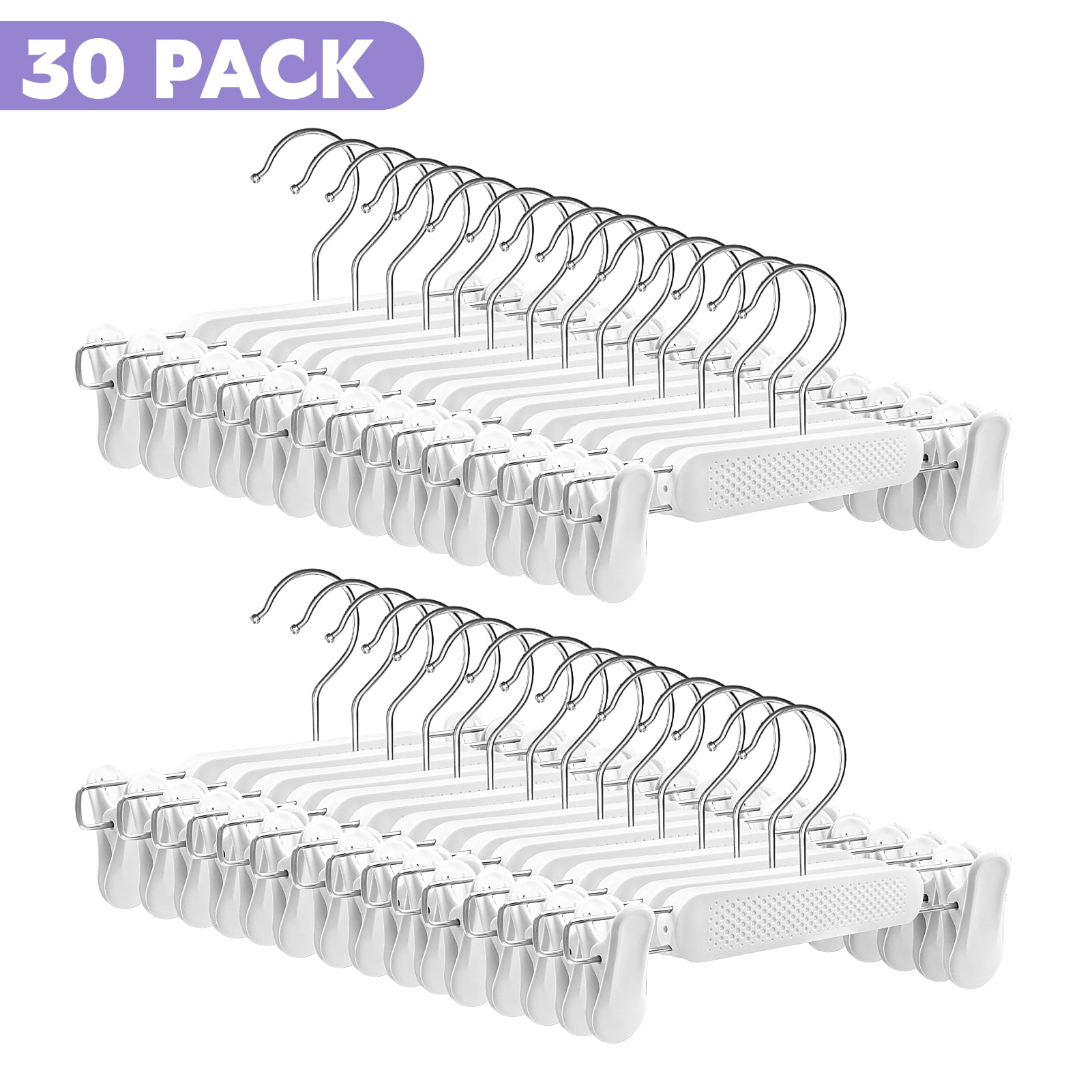 Allhall 30 Pack Plastic Pant Skirt Hangers with Clips,  Non-Slip with 360° Swivel Hook, Frosted Embossing Shorts Hanger for Kids, Baby, Children, Toddler, Women