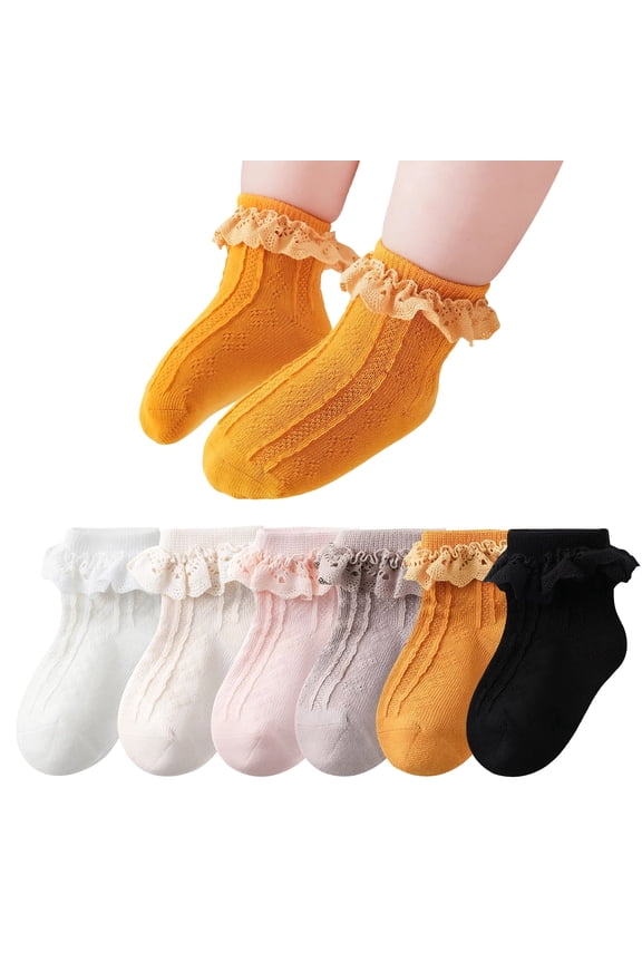 6 Pairs Toddler Ruffle Socks for Girls, Baby Frilly Lace Socks Cute Princess Frilly Socks Lace Cotton Socks Infant Dress Socks for Newborn Infants Little Kids, 0-1 Years